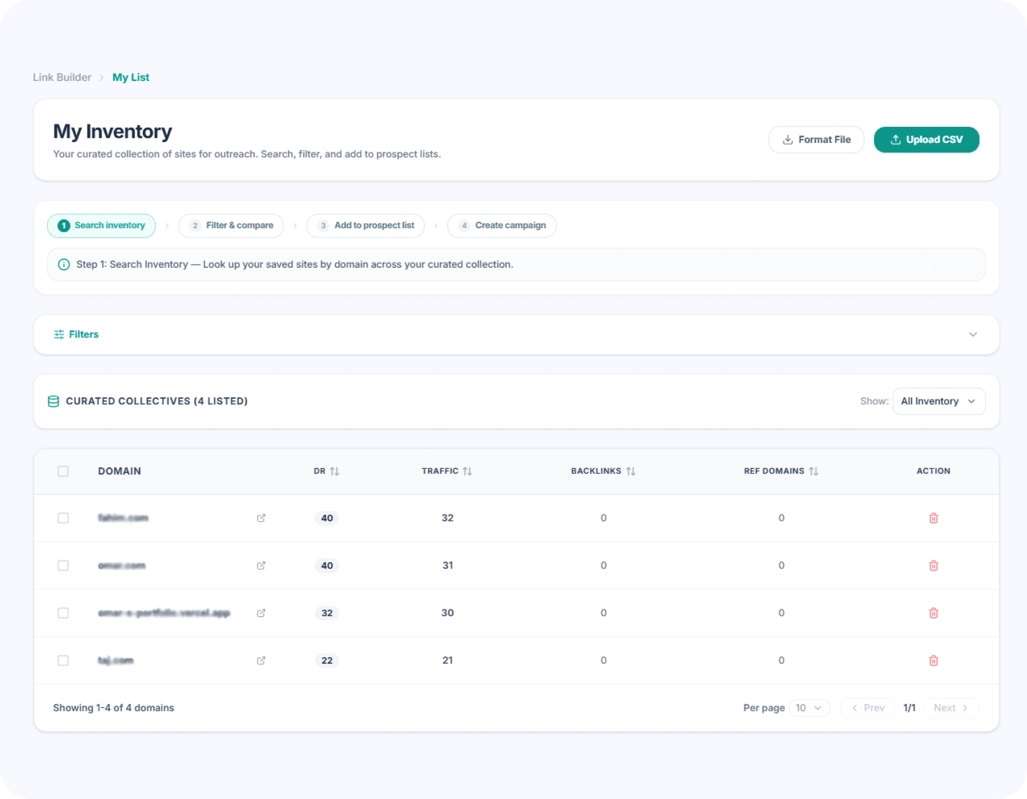 Uprankly Link Builder inventory with saved prospect sites