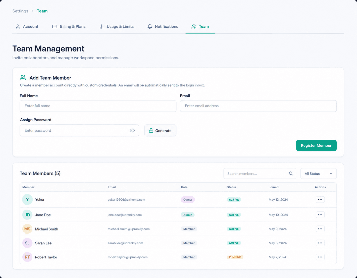 Uprankly Link Builder team management dashboard