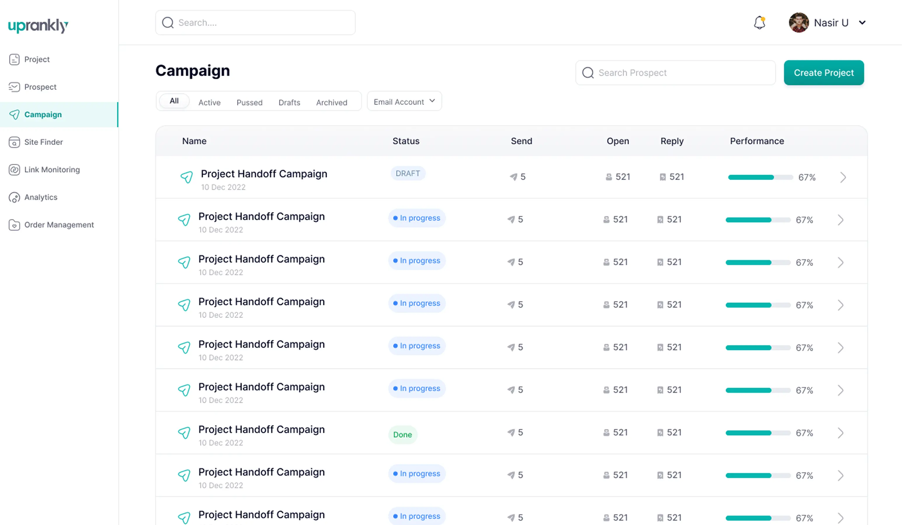 Uprankly link building campaign management dashboard