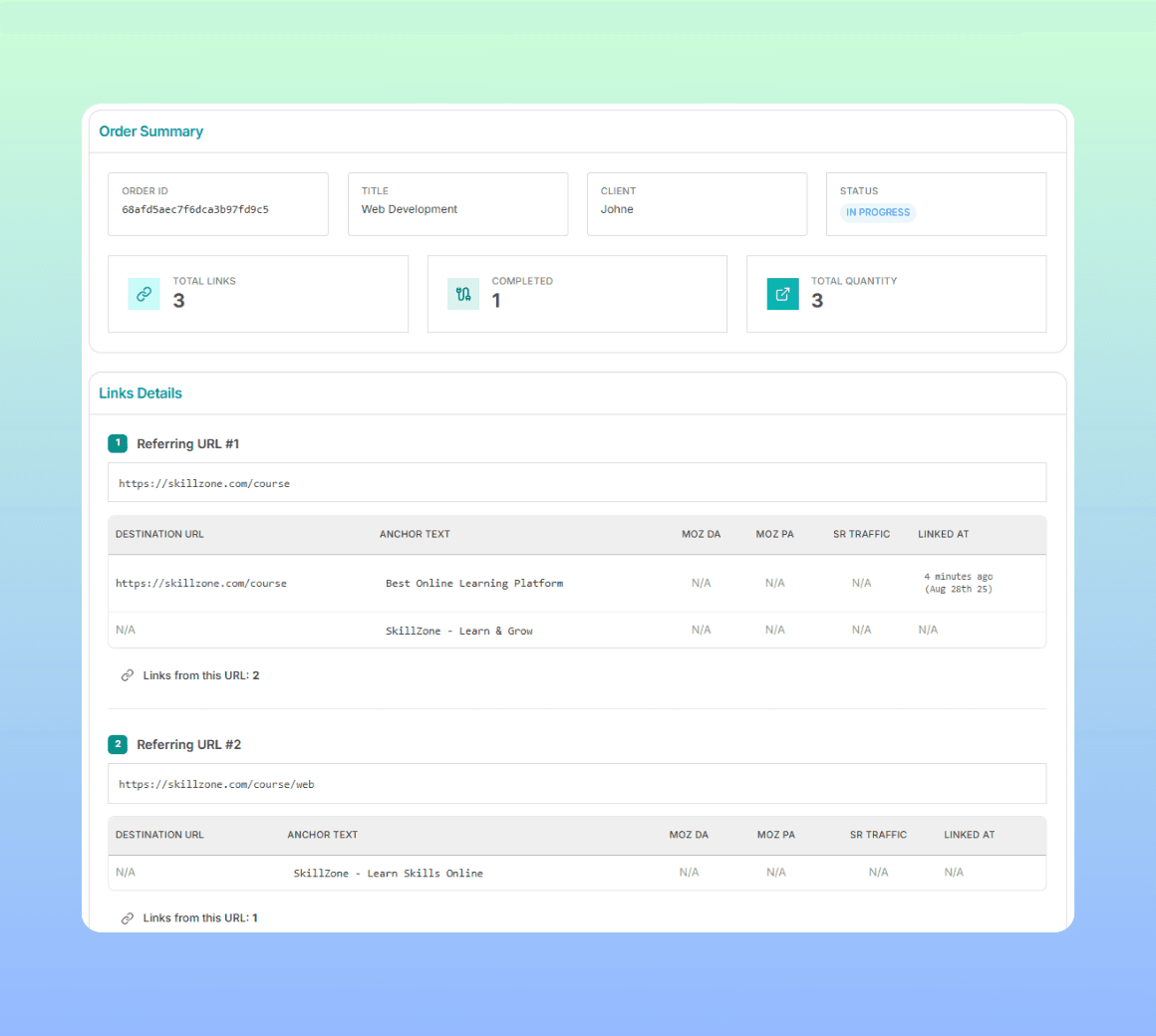 Every link built — logged with full details.
