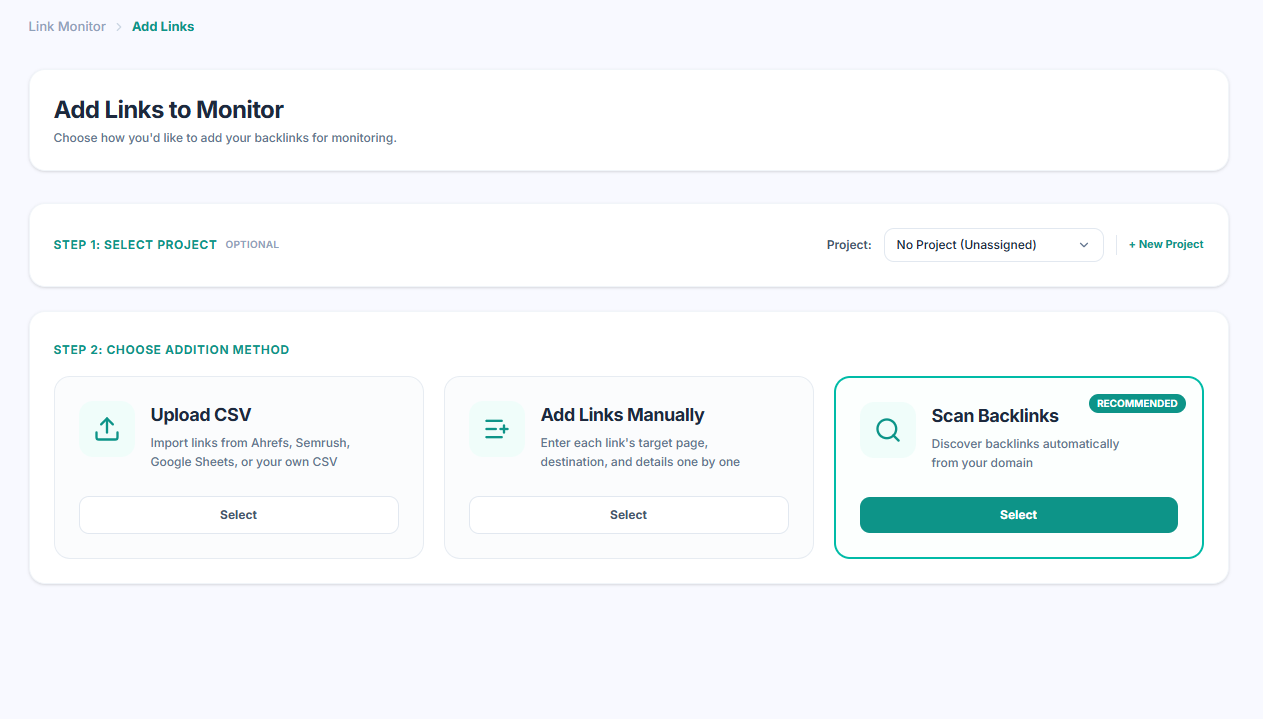 Uprankly Link Monitor import interface