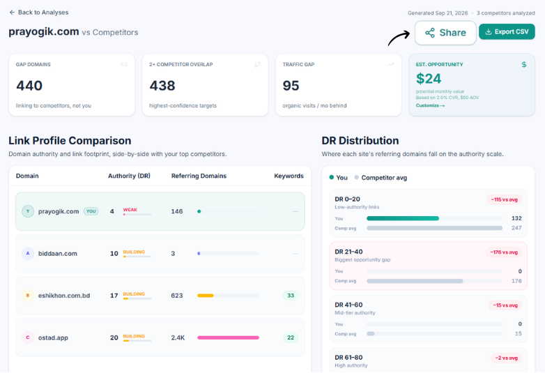 Shareable Link Planner report view for clients and stakeholders