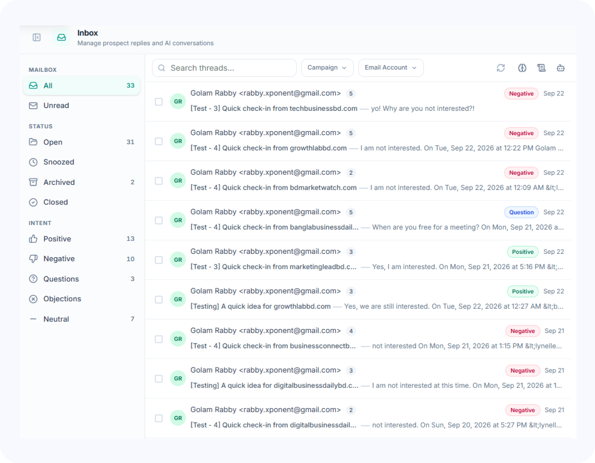 Campaign outreach sequence with AI reply classification